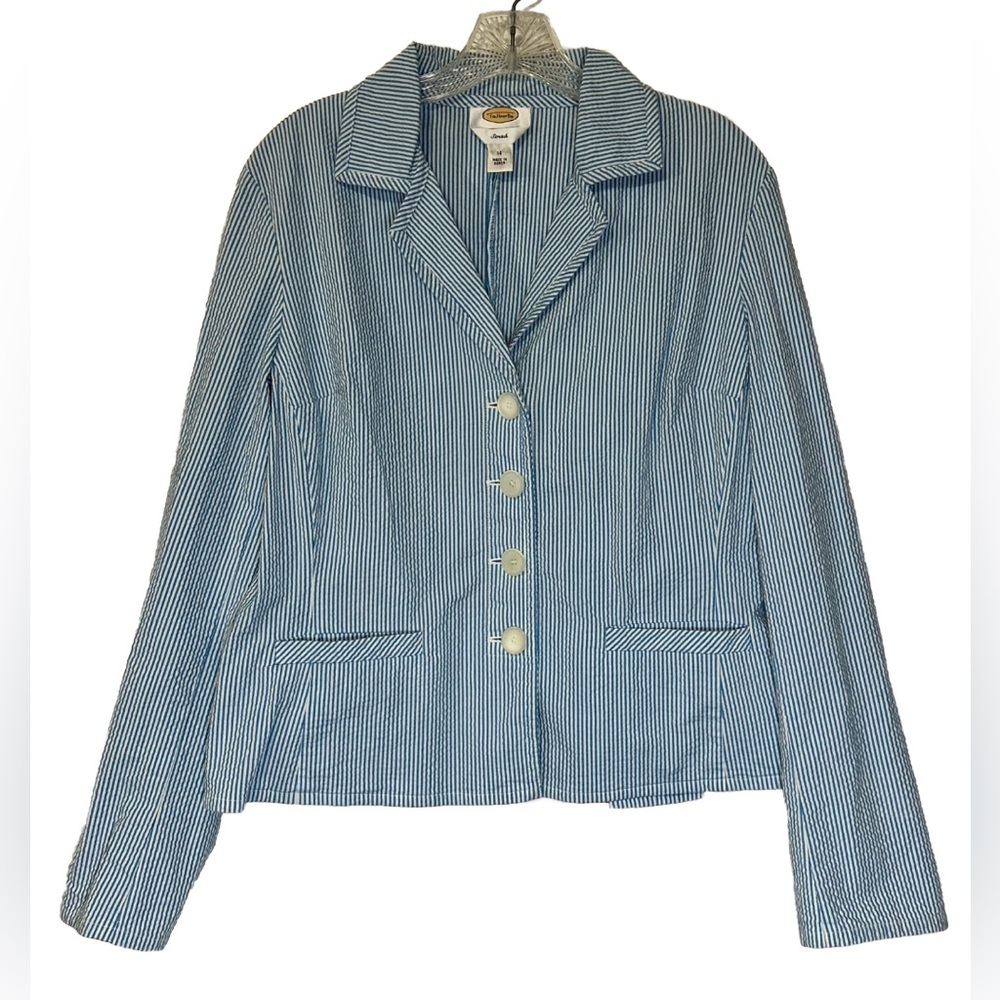 Talbots Womens Cropped Seersucker Jacket Plus Size Blue Striped Blazer Size 14